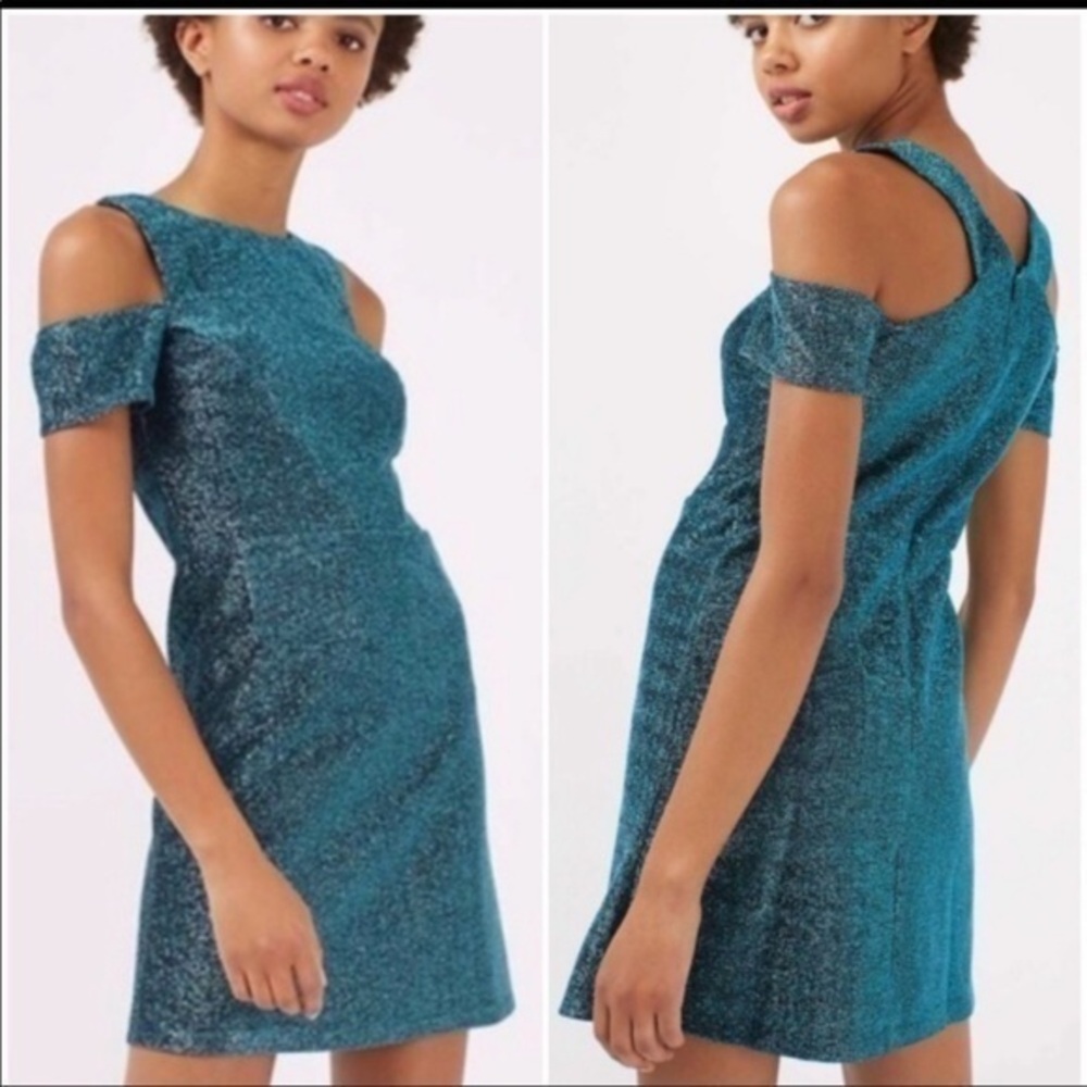 Topshop Teal Glitter Cold Shoulder Dress Size 4
